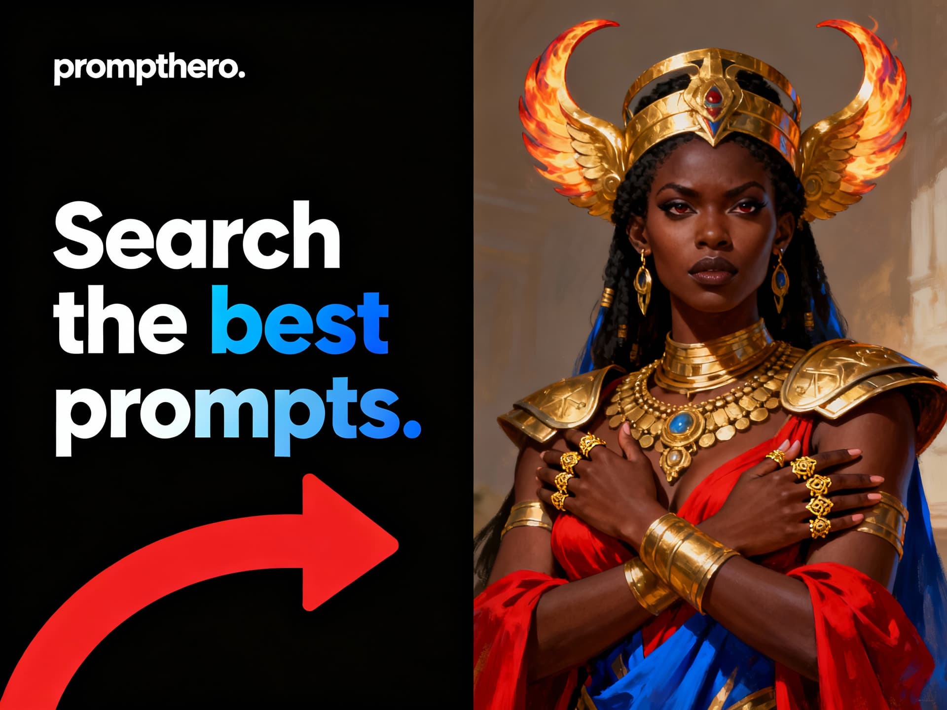 AI generated: A split promotional banner for a website called PromptHero.

Left side: black background with modern...
