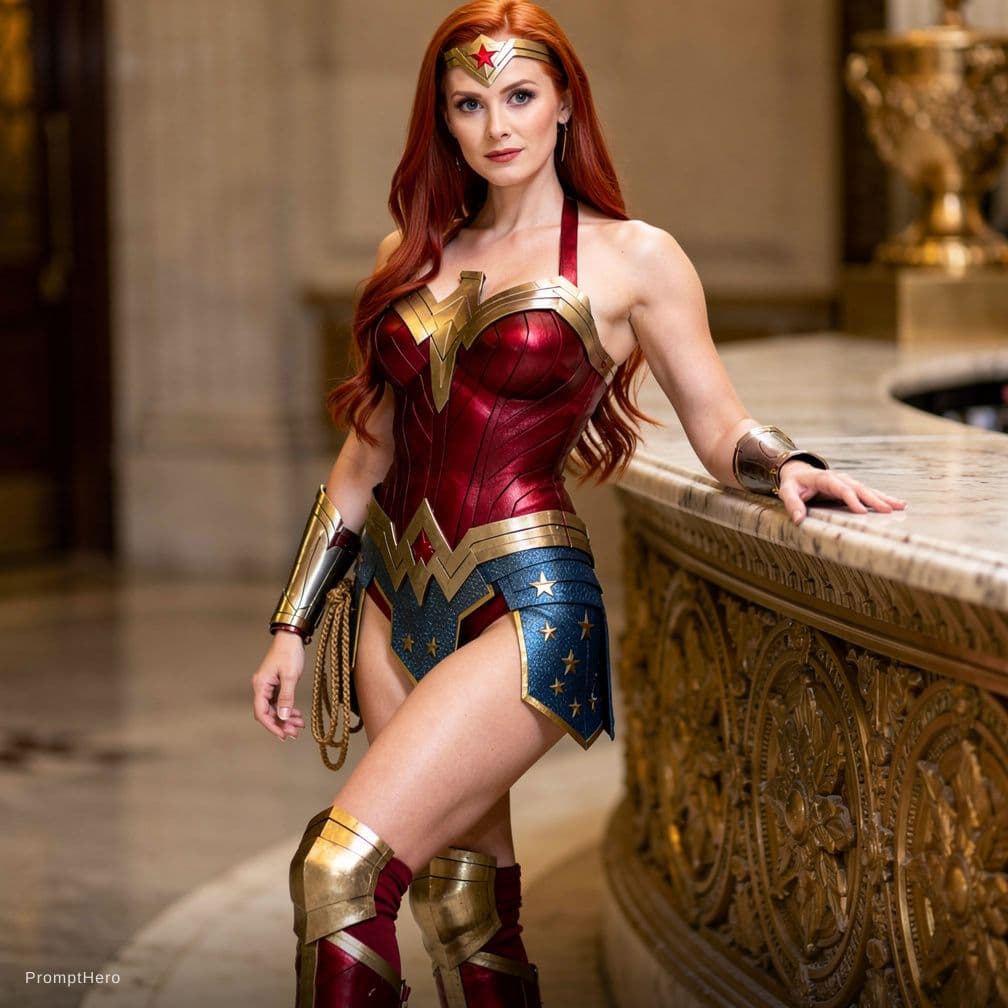 AI generated: 
  "subject": {Emma Watson}
    "desc": "Redhead with strong resemblance to Wonder Woman cosplay, fi...