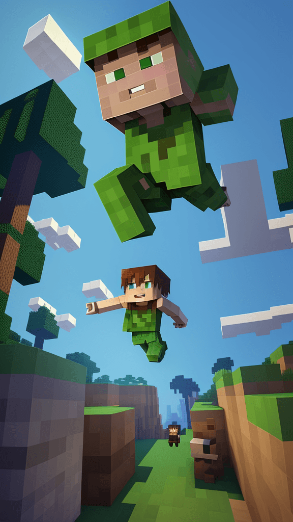 AI generated: 16k srgb 3d minecraft style character boy jumping up in the air, freeze frame caught in the jump, fe...