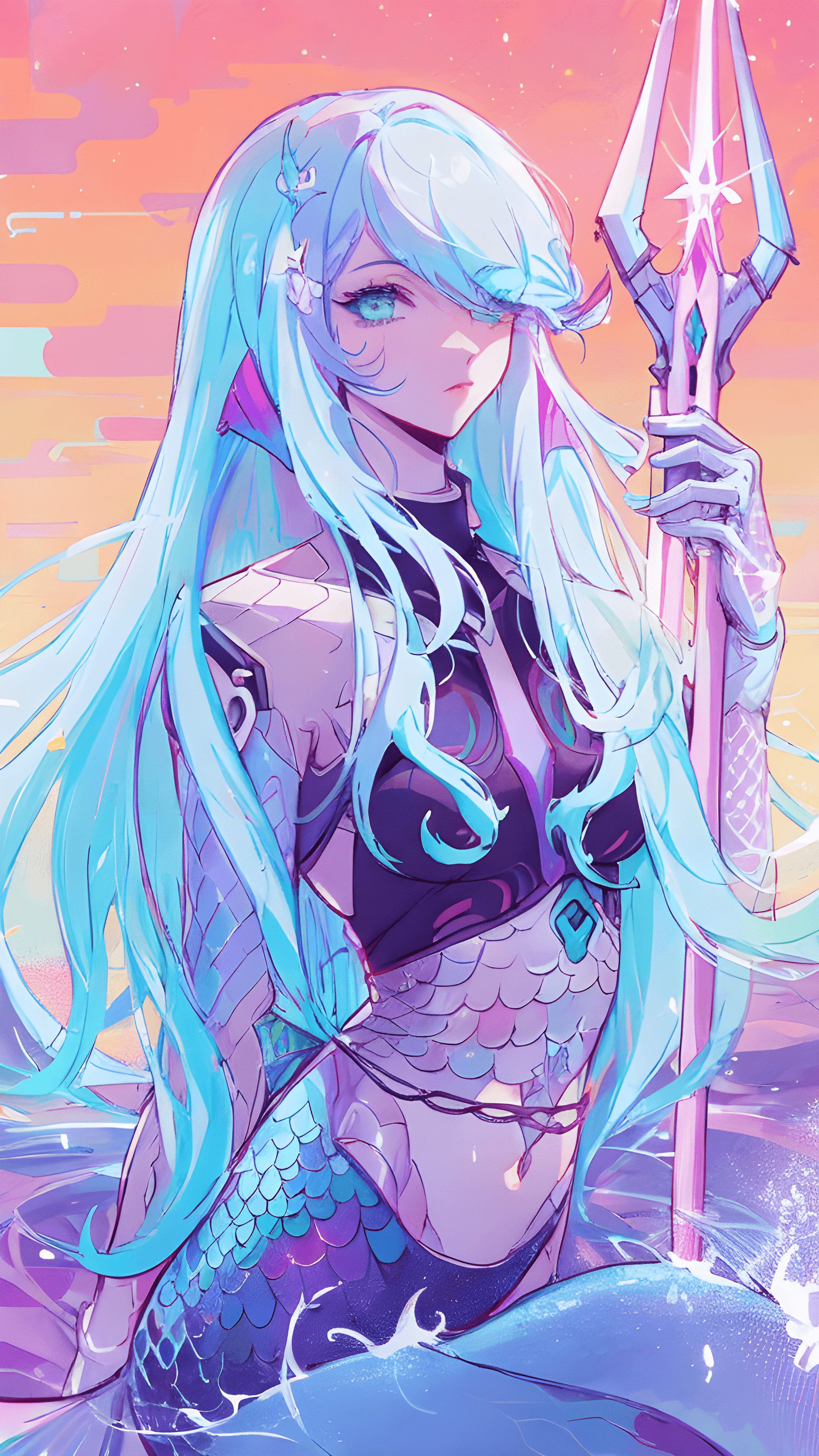 AI generated: a drawing of a mermaid holding a spear, cyberpunk art, inspired by loish, psychedelic art, long cyan...