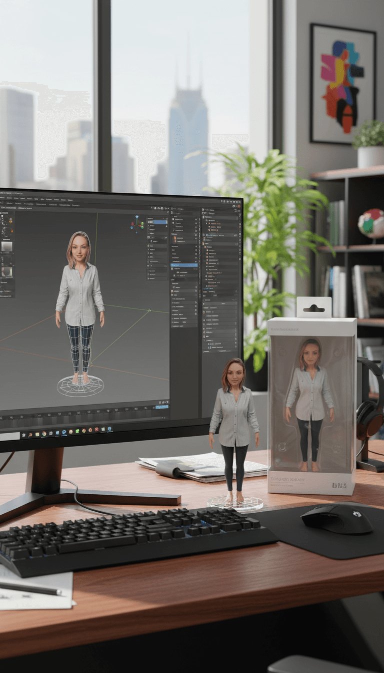 AI generated: Transforming the photographed person into a realistic 3D figurine in front of a computer desk. The c...