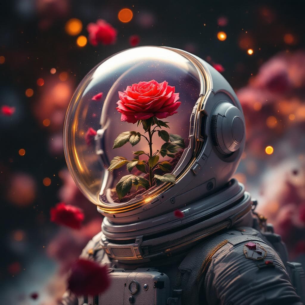 AI generated: Growing rose in a broken helmet of an astronaut in open space, galaxy, nebula, photorealistic, 8k oc...