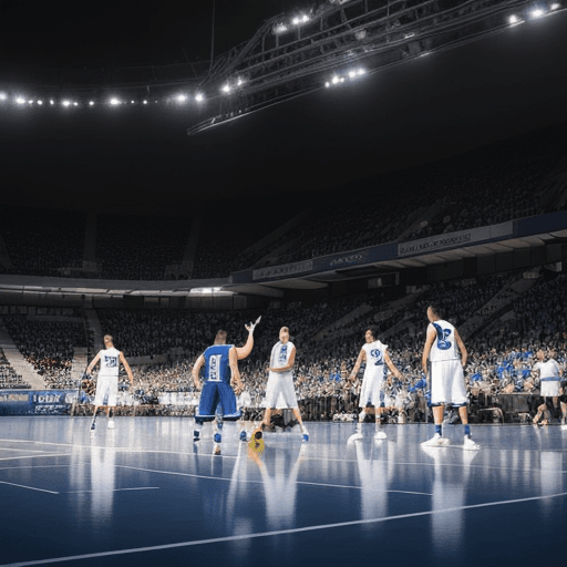 AI generated: 5 jugadores adultos del mismo equipo, en la cancha, jugando basquetbol, uno encesta, una cancha muy ...