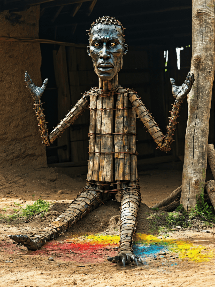 AI generated: create an atmospheric photorealistic image of a figure like an African man but made of wood, rusty m...
