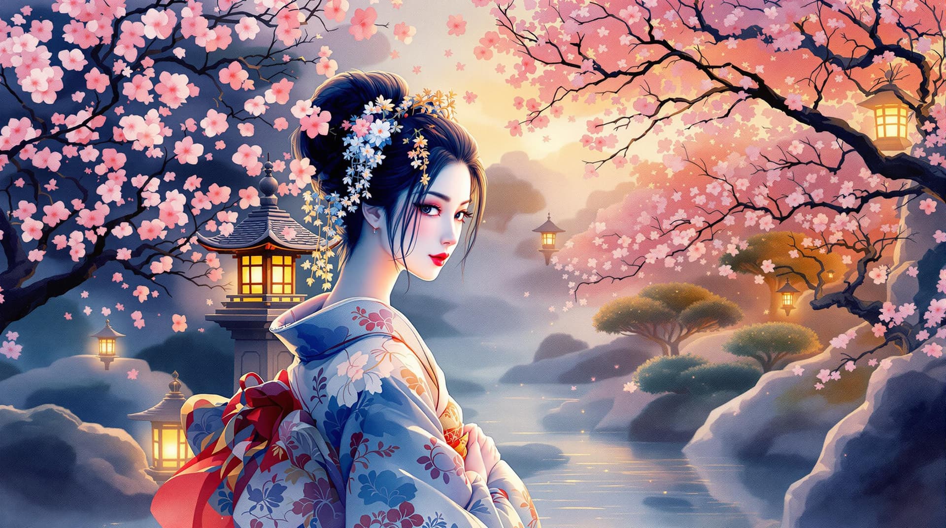 AI generated:  A vibrant watercolor portrait of a Japanese geisha, depicted in dynamic motion, set amidst a serene...