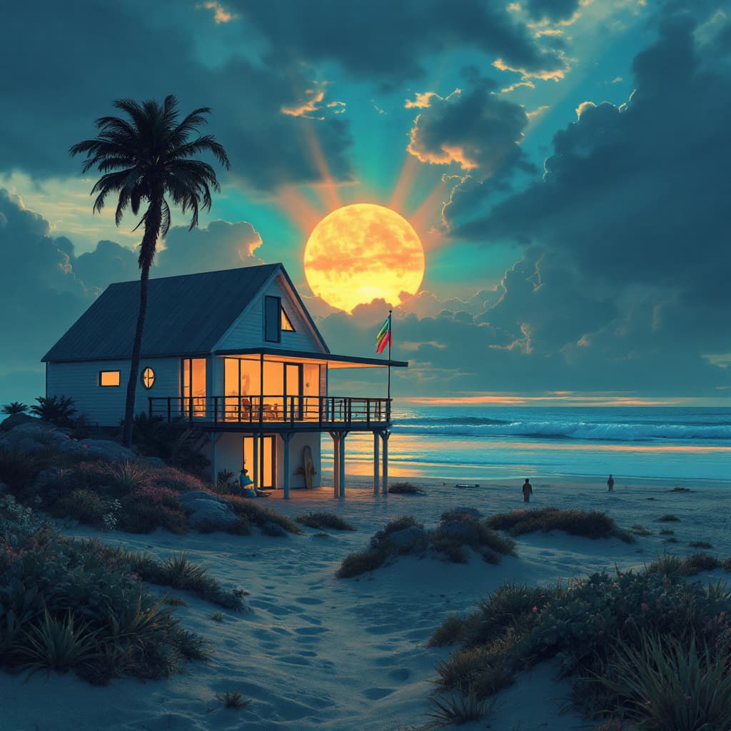 AI generated: minimalist beach house with beach legs in the desert at sunset with stormy clouds sky with rays and ...