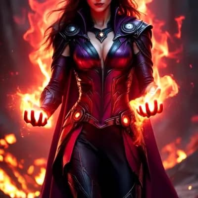 AI generated video: Woman conjuring fiery energy in her hands with swirling embers and smoky background, medium camera s...