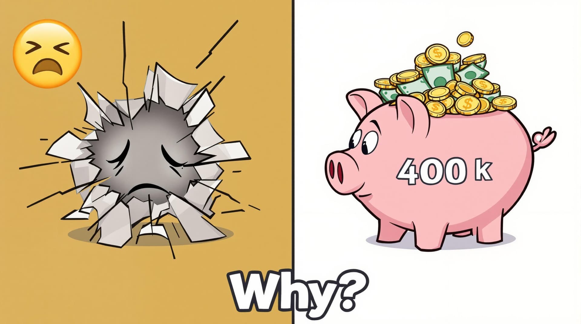 AI generated: Side-by-side image in animated cartoon style: left side shows an empty piggy bank cracking, with sad...