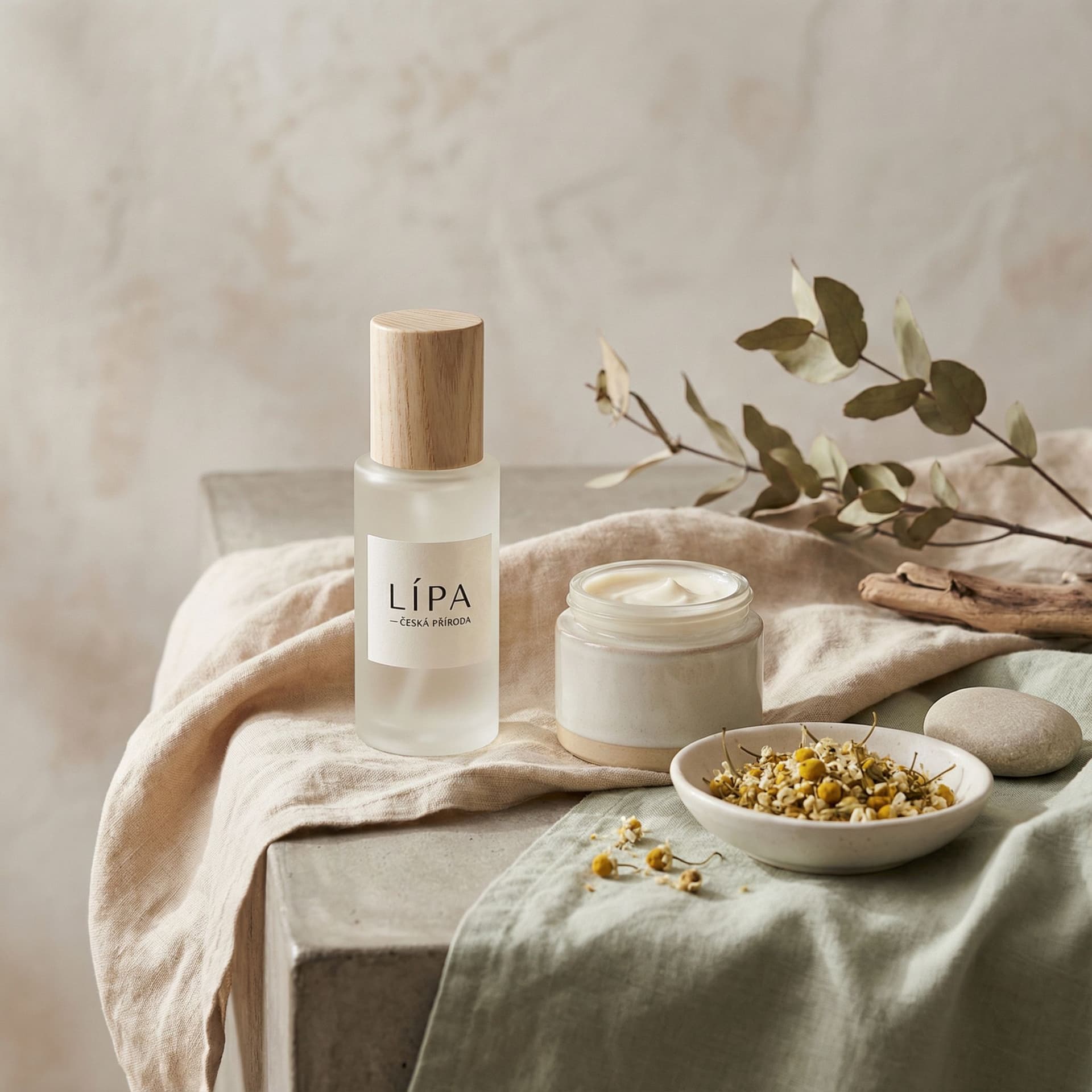 AI generated: Elegant, modern visual for a premium natural skincare brand from the Czech Republic. Minimalistic co...