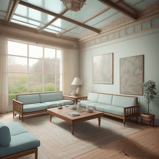 AI generated: High resolution photography interior design, dreamy sunken living room conversation pit, wooden floo...