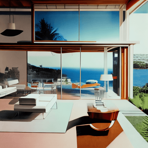 AI generated: Hyper realistic eye level exterior photo of a mid century modern style house overlooking the ocean, ...