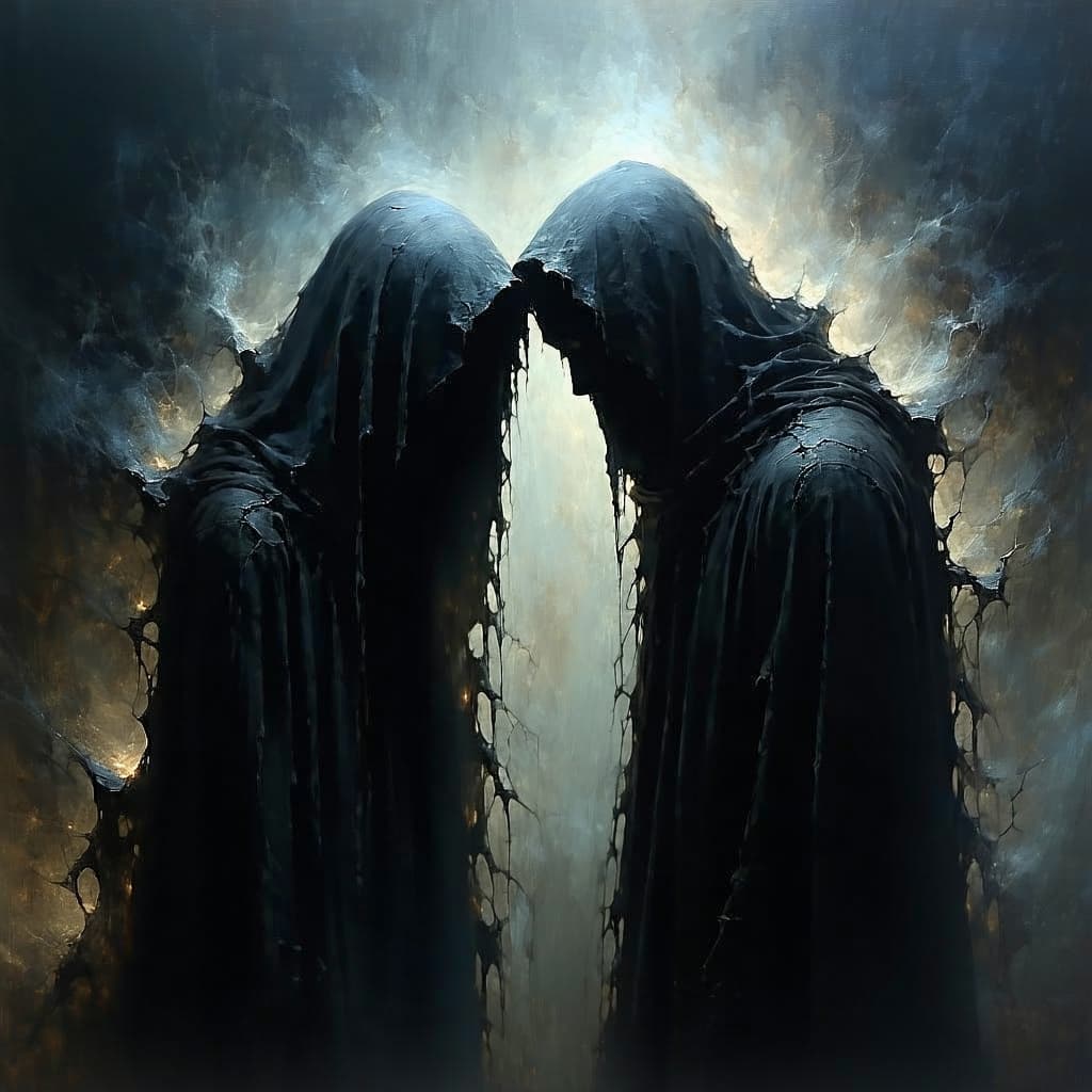 AI generated: A hauntingly beautiful and emotionally intense scene of two ghost-like souls, one male and one femal...