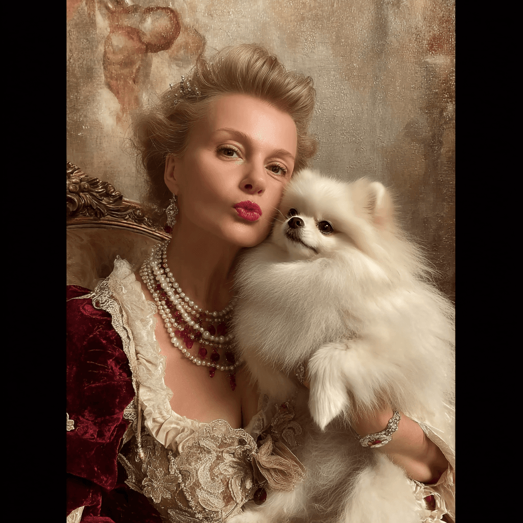 AI generated: An exquisite royal lady of noble blood, seated gracefully in an ornate antique interior, shown from ...