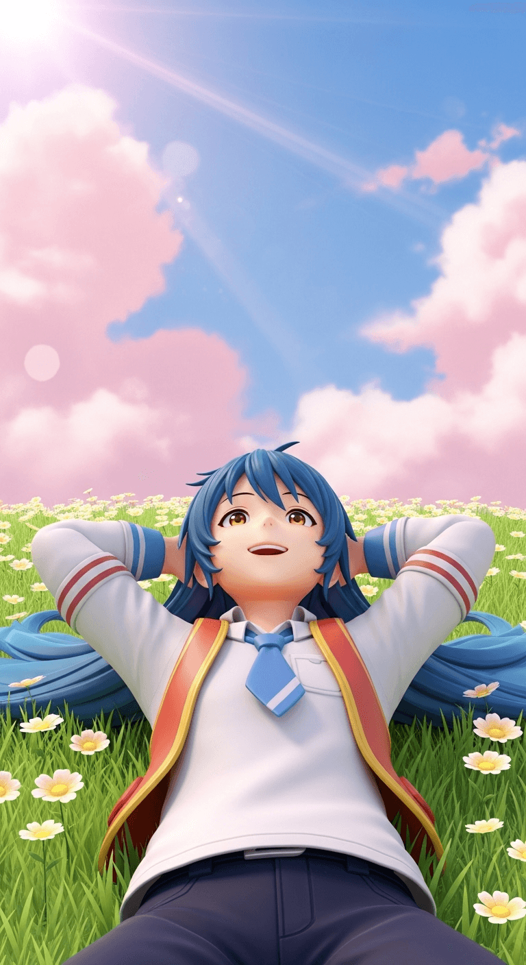 AI generated: A cheerful 3D anime-style character lying in a glowing field of flowers, hands behind their head, sm...