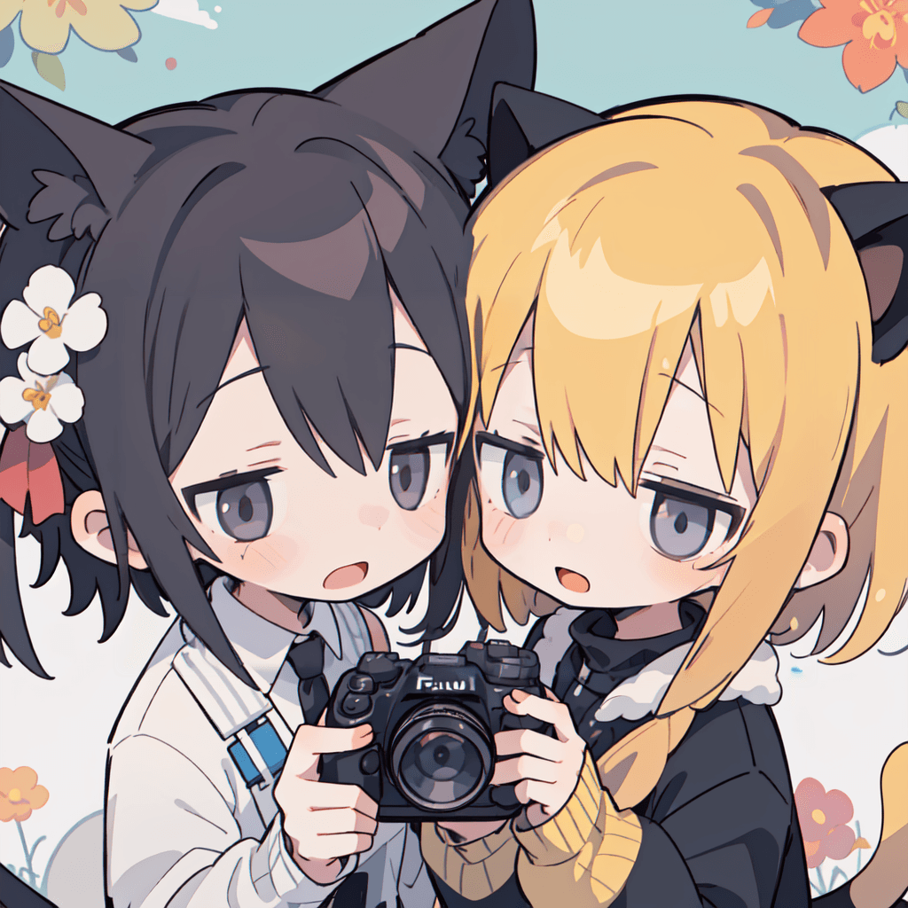 AI generated: best quality,(close-up:1.1),
(2girls,chibi:1.2),(couple,polar opposites:1.1),:d,holding camera,Fuji...