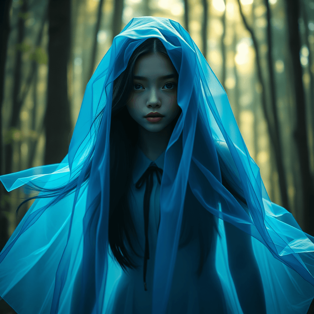 AI generated: translucent seethrough transparent blue spectral transparent ghost girl stalking through the forest ...