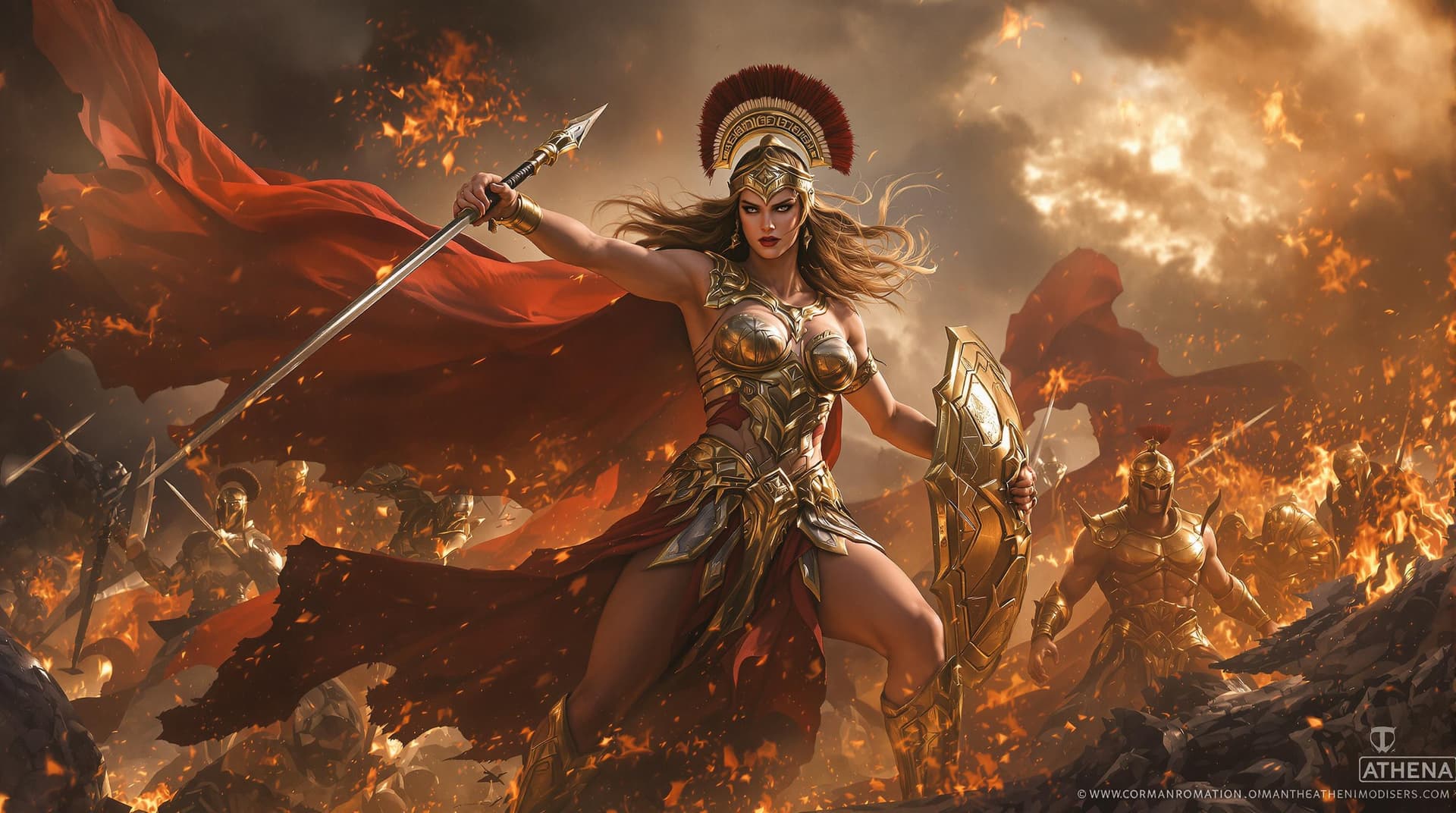 AI generated: A dramatic depiction of Athena, the Greek goddess of wisdom and war, in an intense battle against ot...