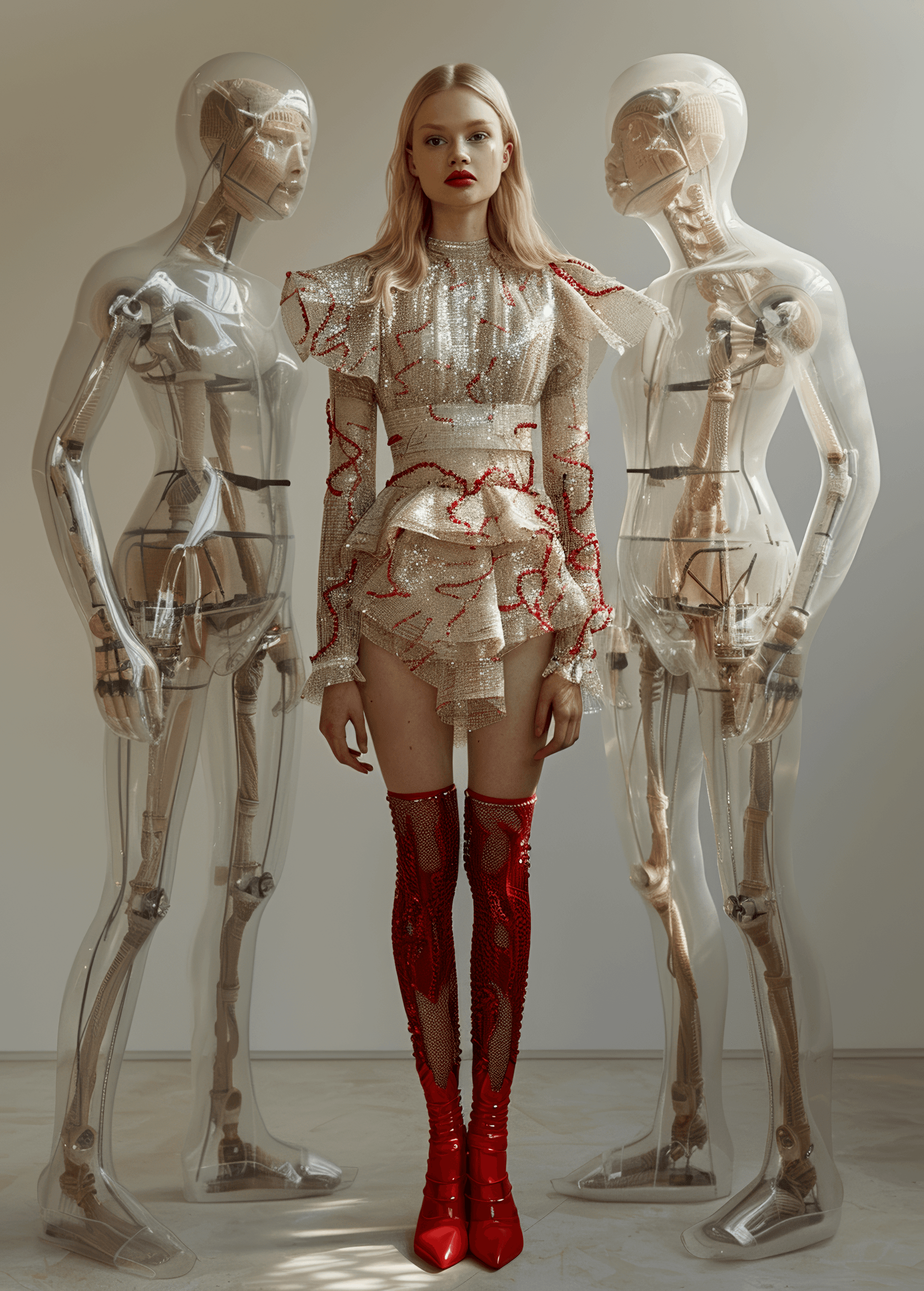 AI generated: high resolution full body photography of blonde supermodel with an extravagant futuristic dress and ...