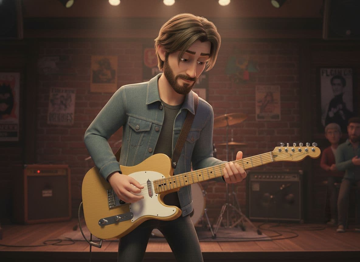 AI generated: Hola, quiero que me pongas a este tipo tocando una Telecaster classic vibe. Representa su cara lo má...