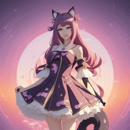 AI generated: a woman with a cat ears and a dress on is standing in front of a colorful background, anime style 4 ...