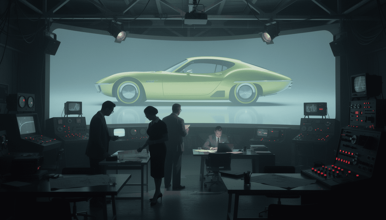 AI generated: Retro-futuristic 1960s concept car design studio, large curved projection screen displaying a glowin...