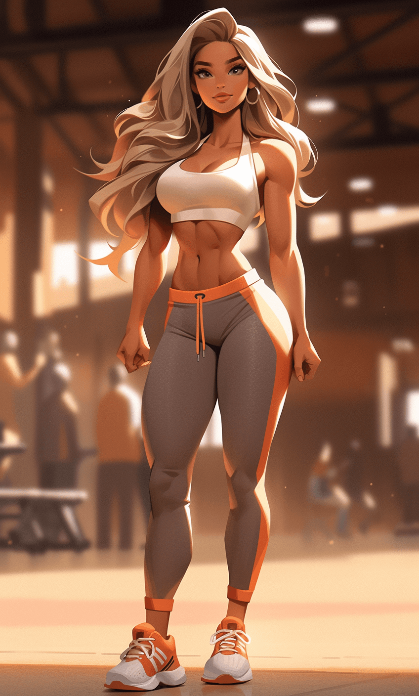 AI generated: Beautiful girl, stands and shows her perfect figure to her full height, well - developed muscles, be...