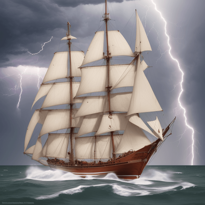 AI generated: schooner, heavy lightning