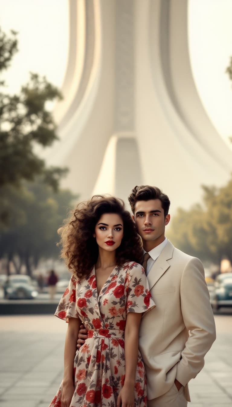 AI generated: The young couple from the 1950s stands in the heart of Tehran, with the iconic Azadi Square (formerl...