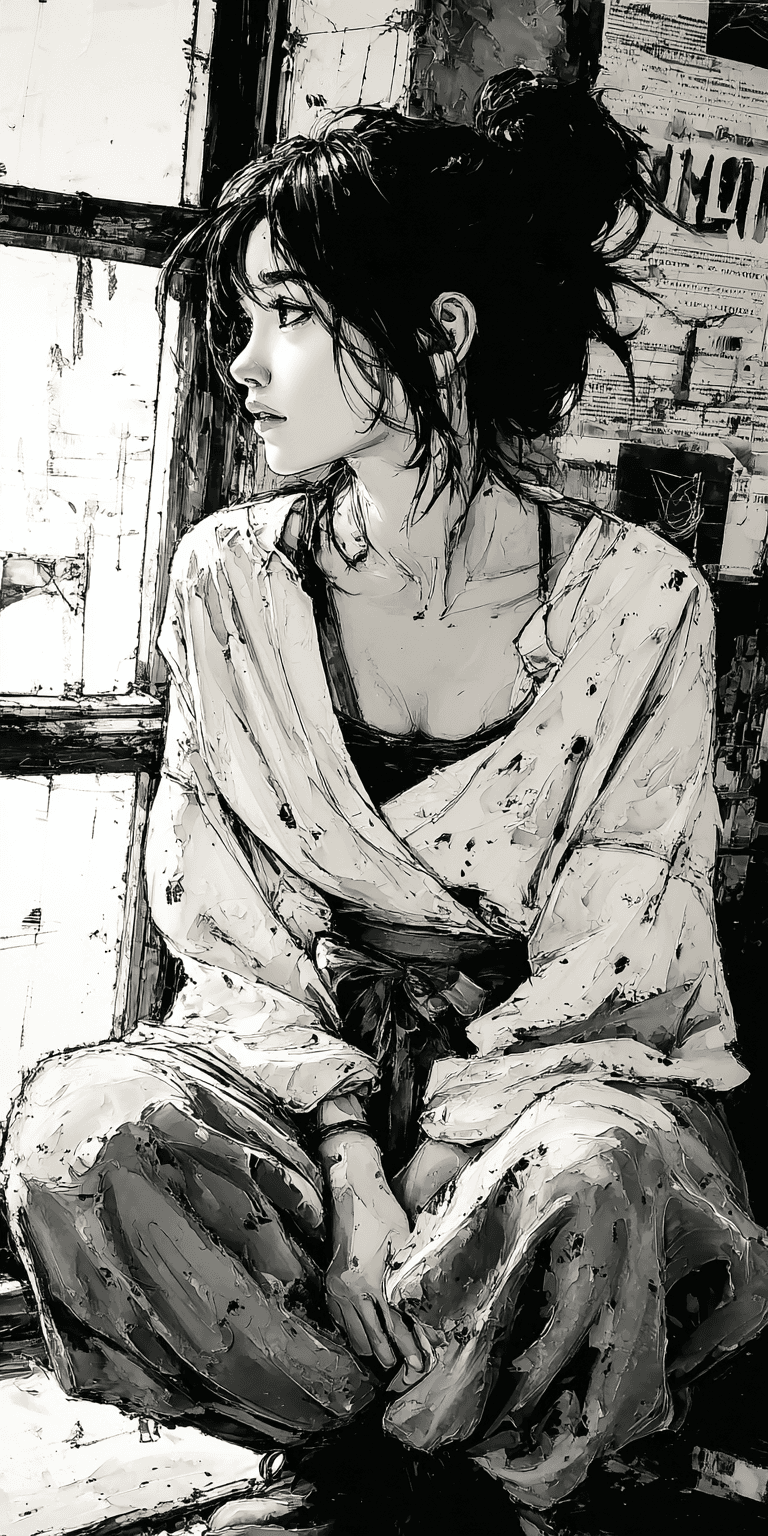 AI generated: painting of a woman sitting by a window, palette knife technique, heavy impasto --chaos 75 --ar 1:2 ...