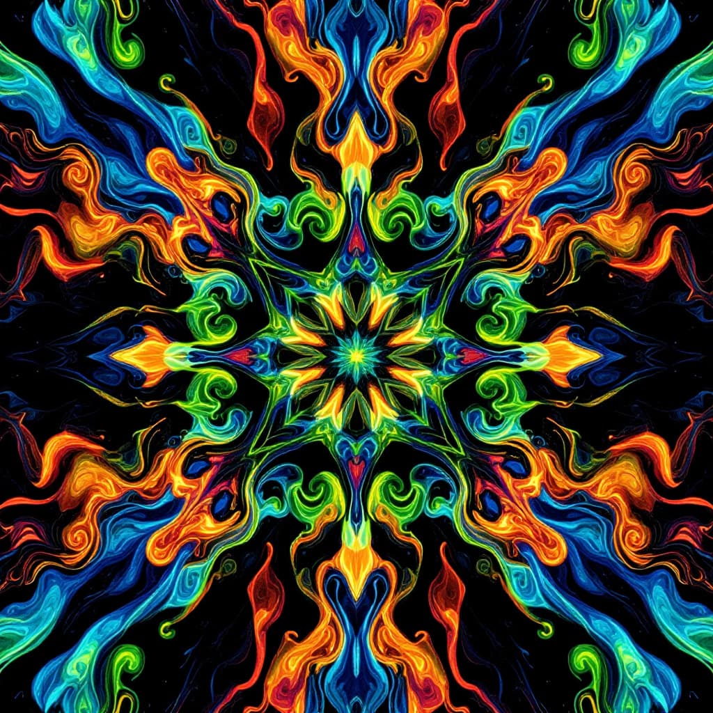 AI generated: "Create a vibrant, symmetrical abstract composition featuring dynamic organic shapes and intricate p...