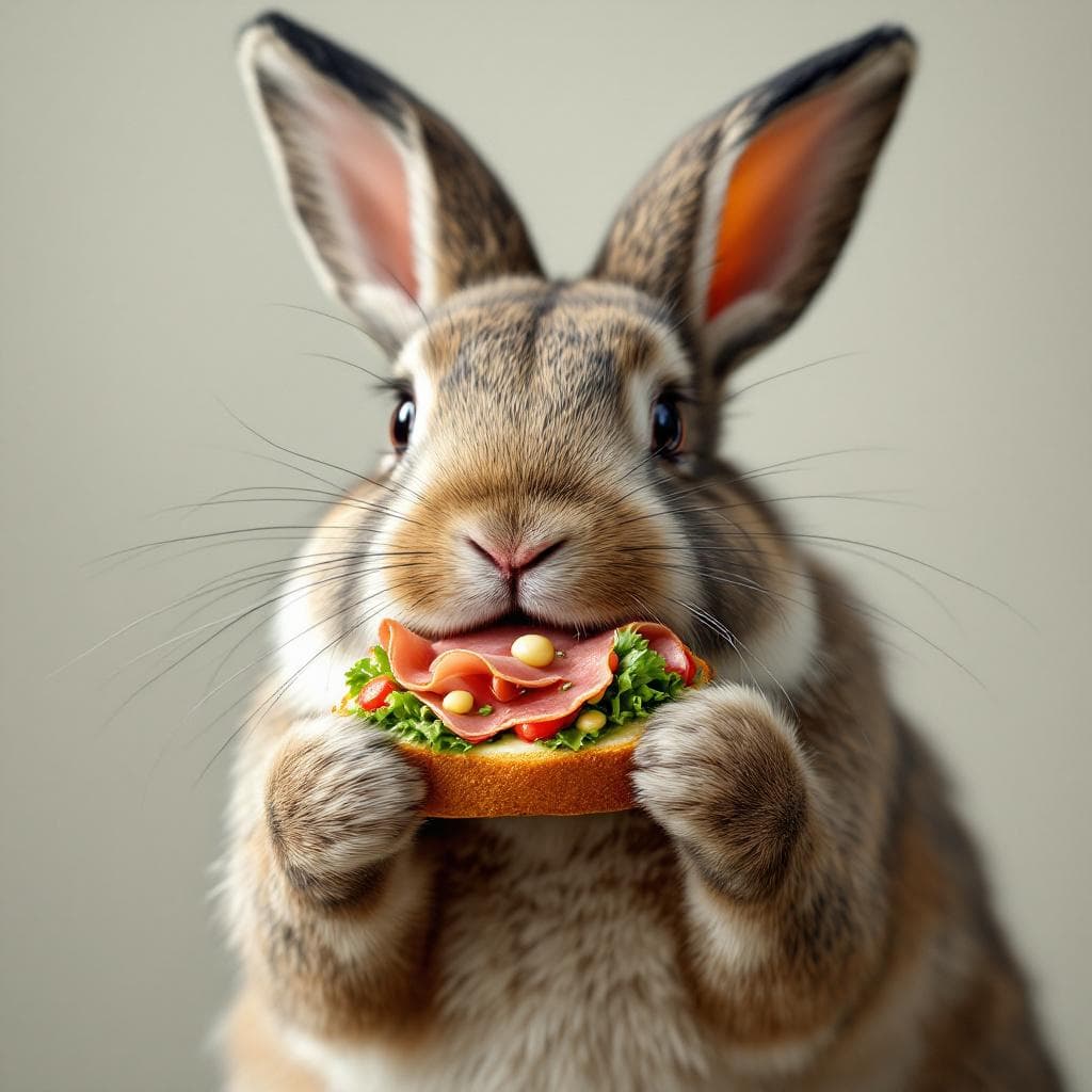 AI generated: Rabbit with one ear, eating sandwich with salad and ham, realistic features, as closest to real life...