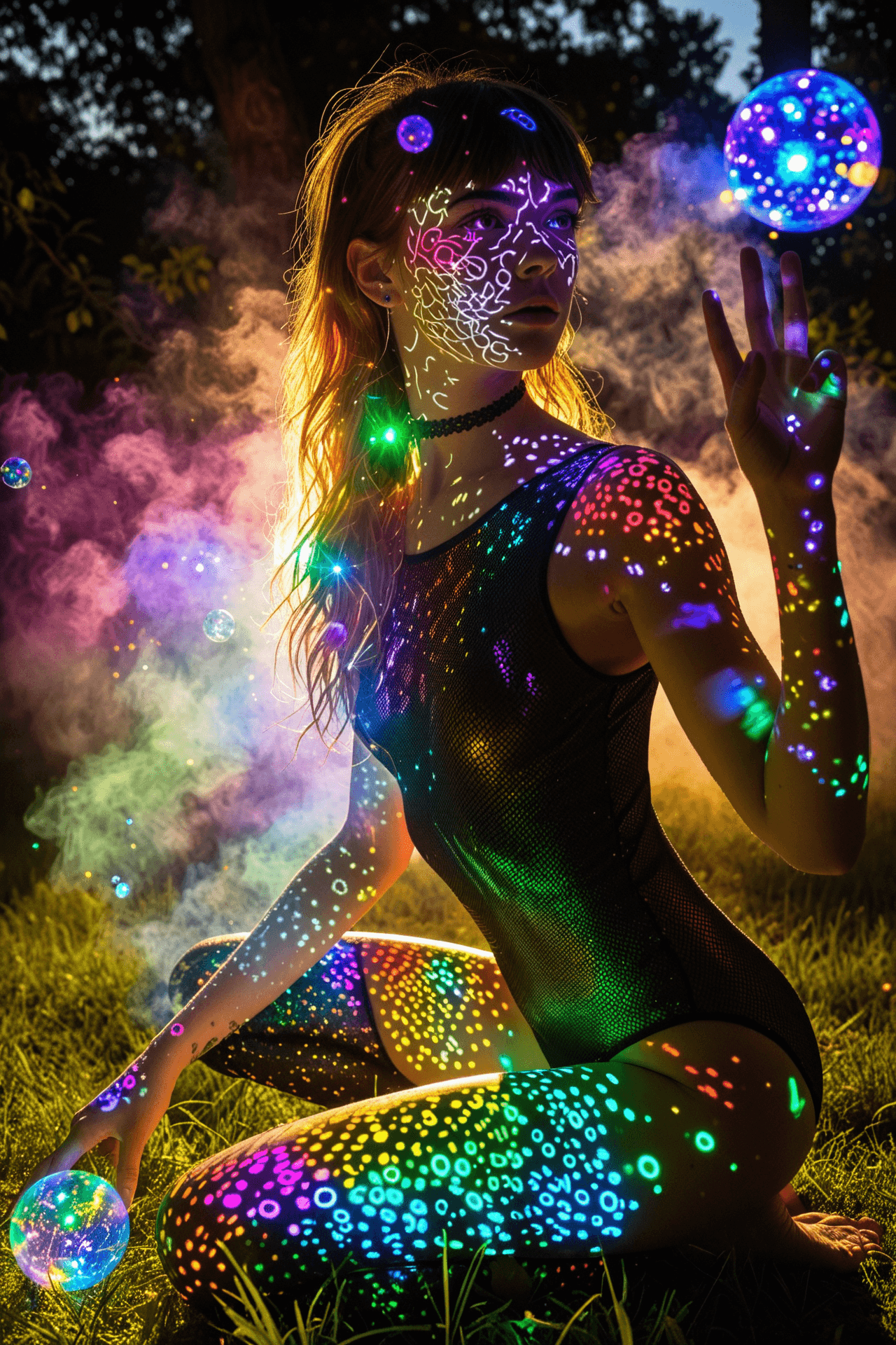 AI generated: colorful fairy lights on woman with metallic leotard