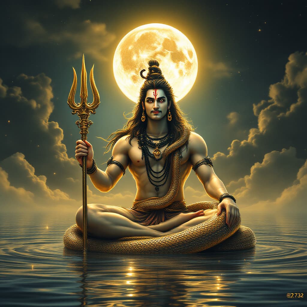 AI generated: beautiful golden image of Lord shiva with his snake and trident sitting in water with bright full mo...