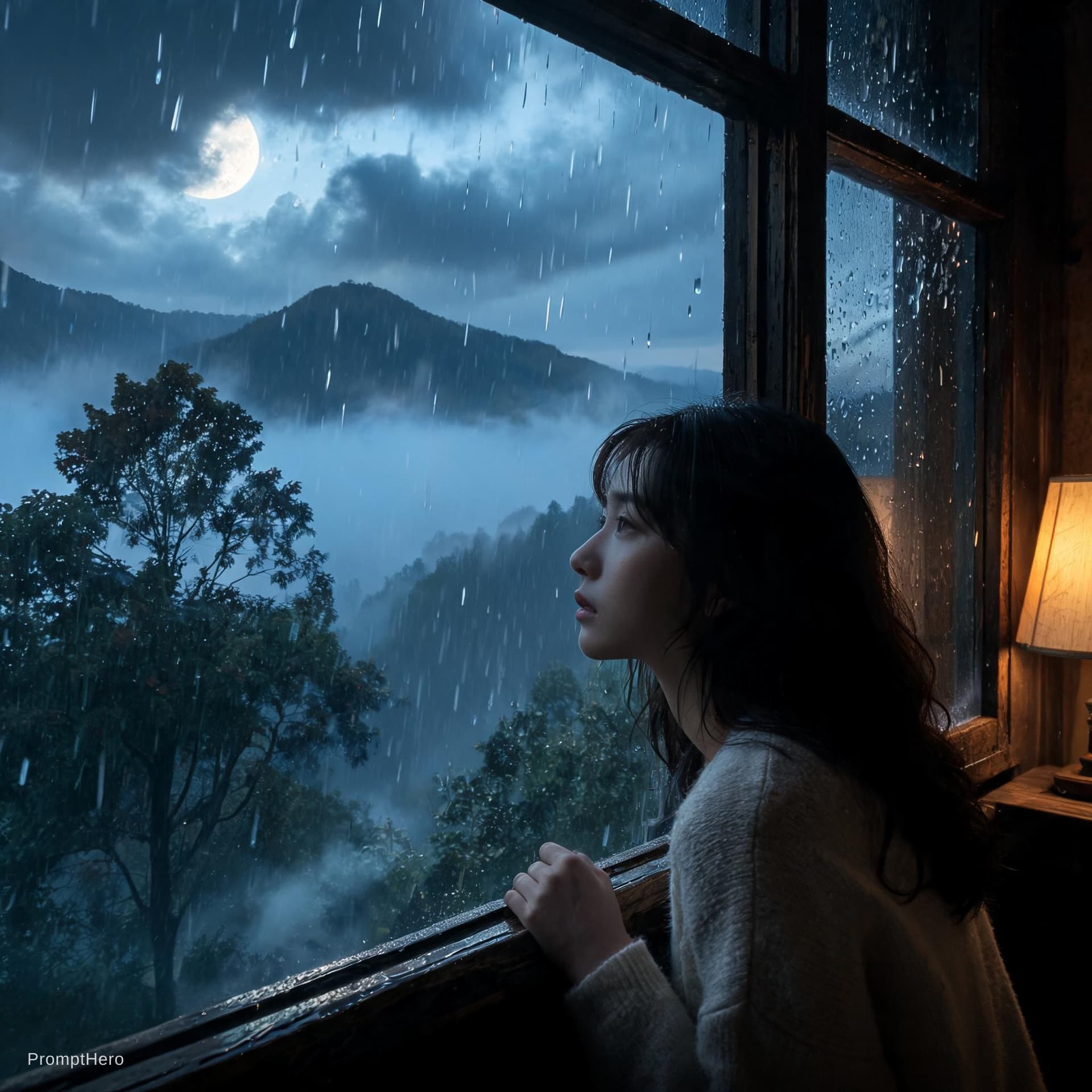 AI generated: A cinematic rainy evening. Gentle raindrops fall endlessly across a quiet countryside, soft wind car...