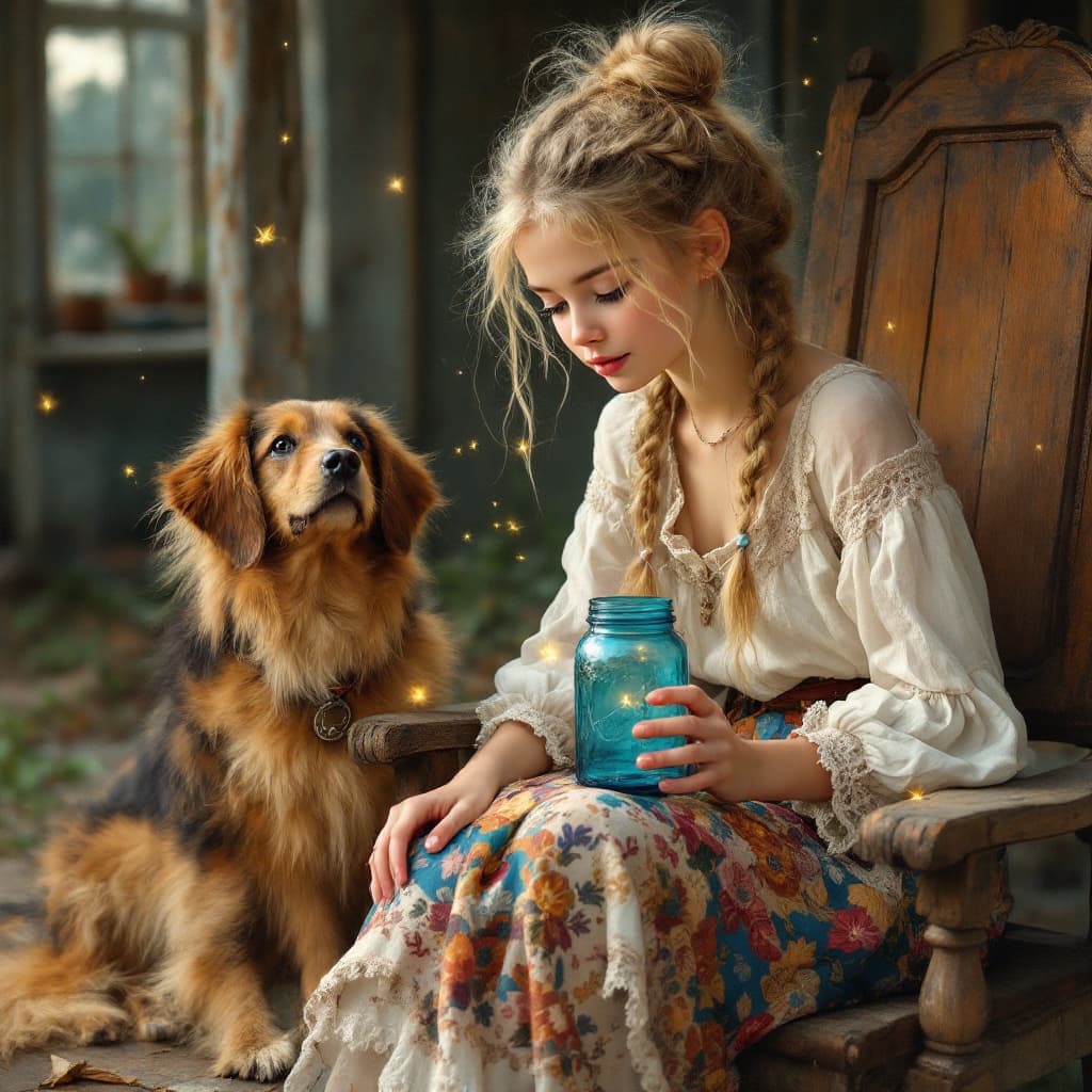 AI generated: oil painting in the style of Gustave Courbet, young girl with long blond hair, tied up in a messy bu...