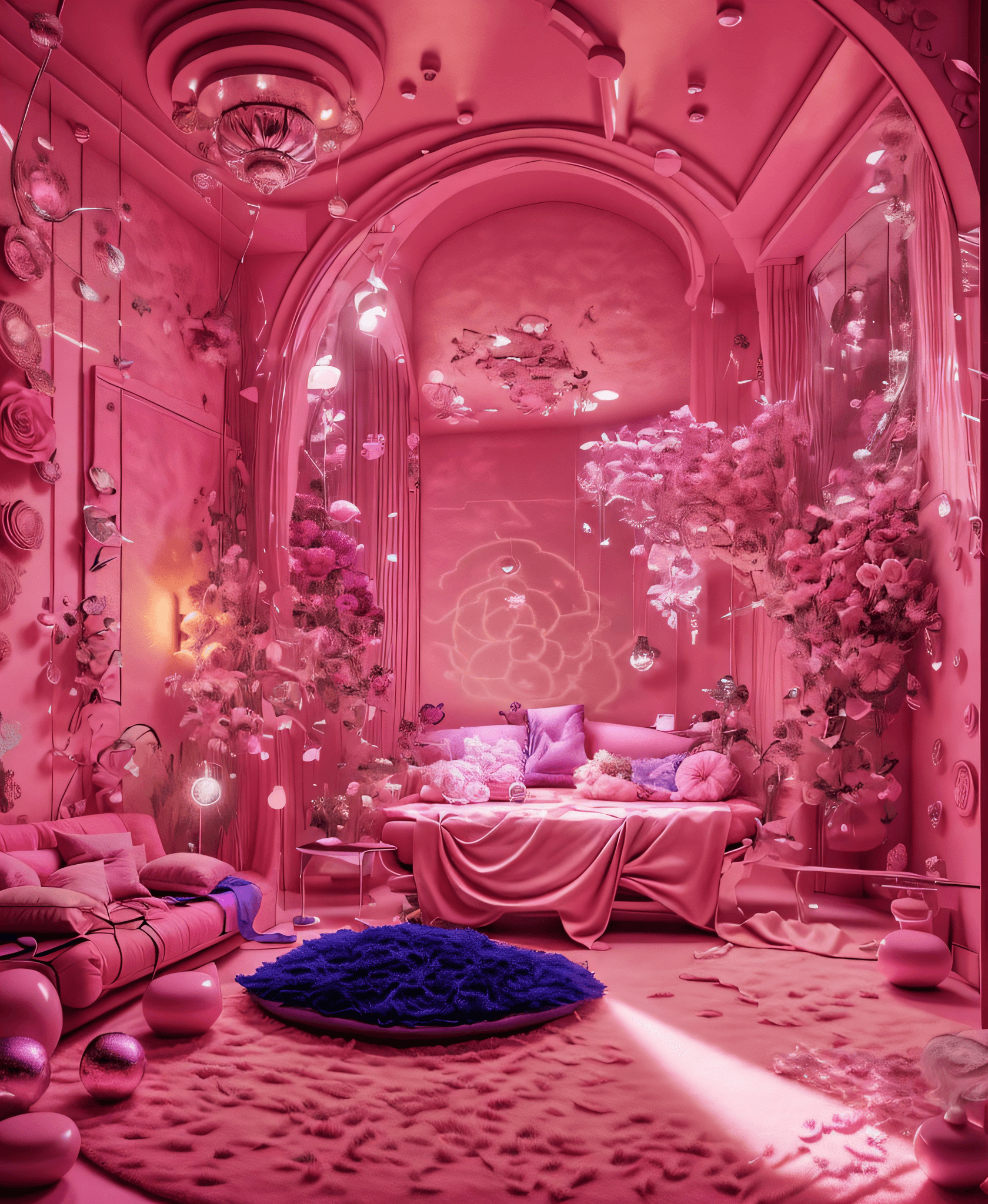 AI generated: a brightly lit room with a couch and a rug in it, magical colors and atmosphere, magical colours and...