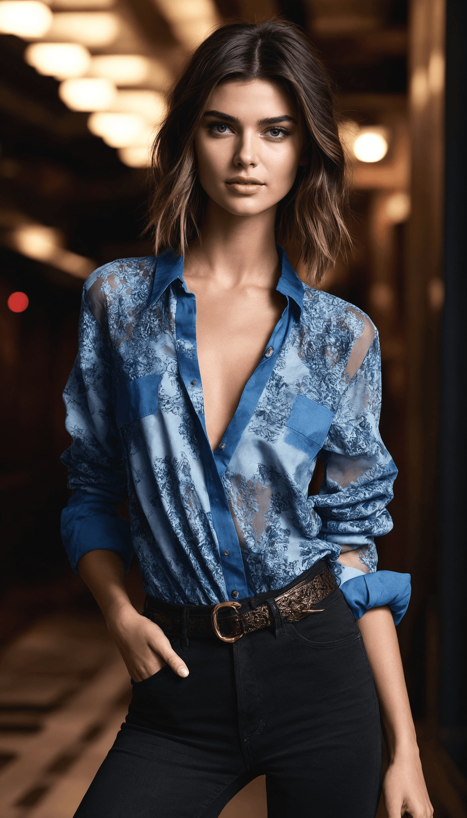 AI generated: Full body shot portrait of a beautiful model, blue eyes, dancing, in blue batik casual shirt, black ...