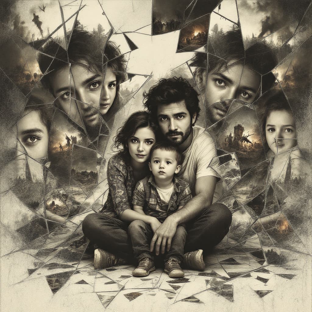 AI generated: A family—mom, dad, and their young son—sit together in a room filled with shattered mirrors, their f...