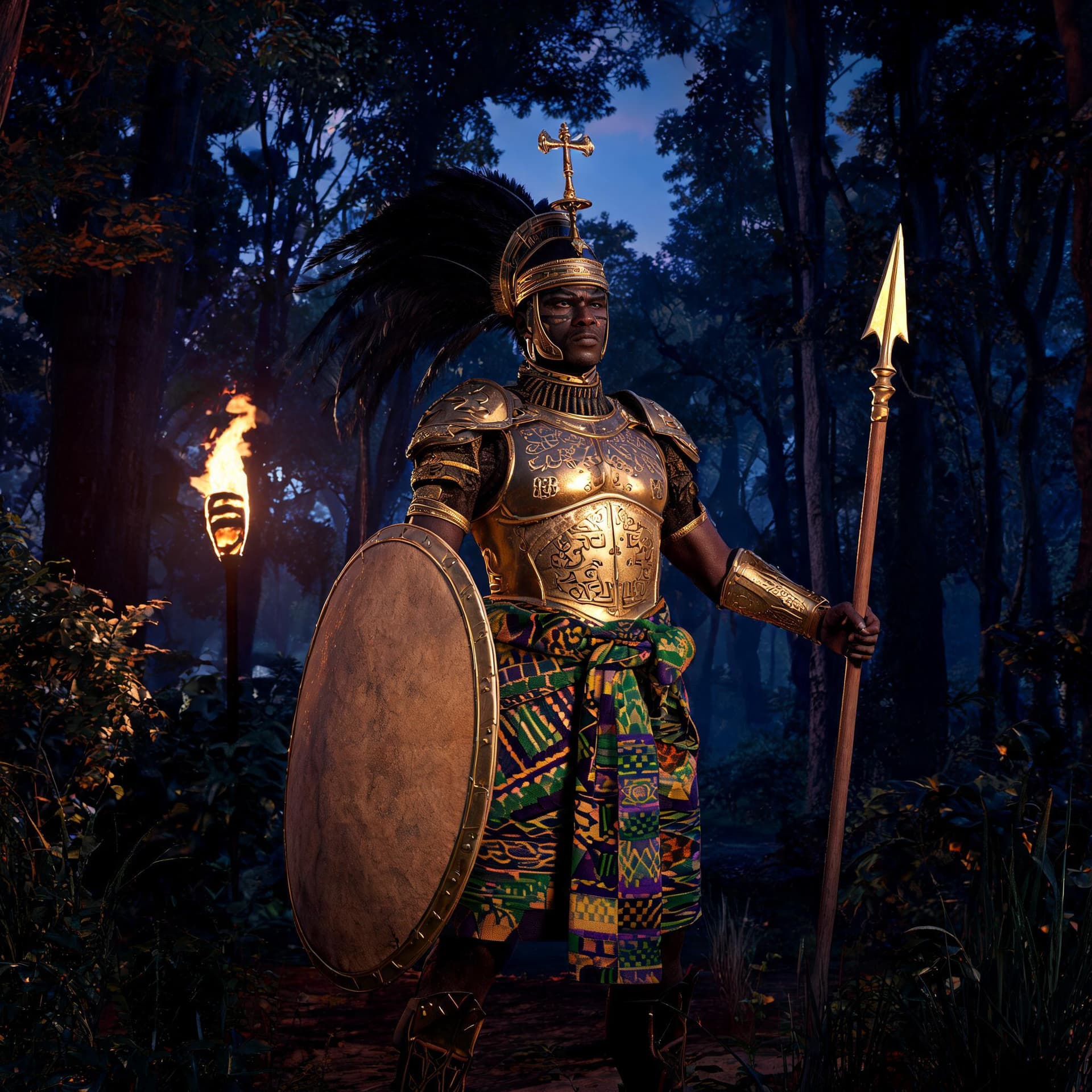AI generated: A cinematic 16:9 photorealistic portrait of an elite Asante royal guard with Zulu warrior inspiratio...