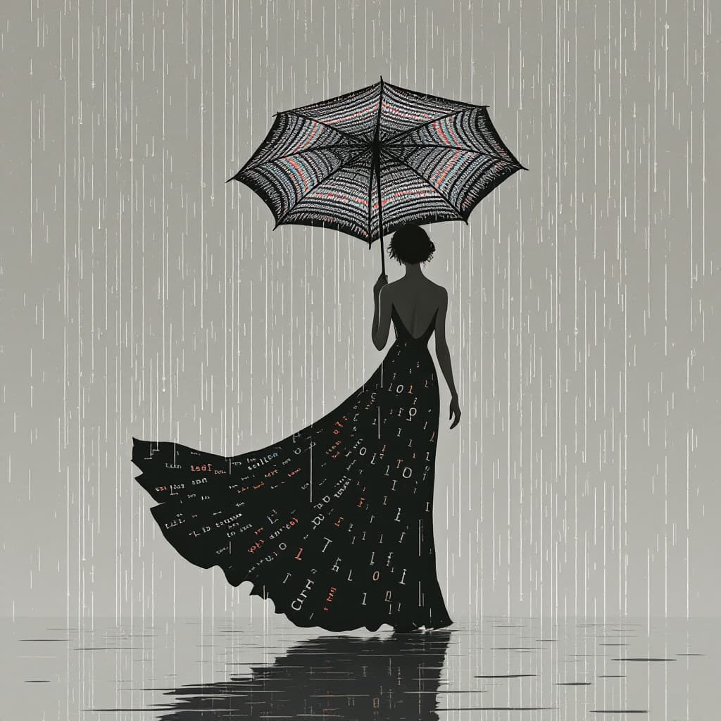 AI generated: A minimalist art illustration of a woman standing amidst a downpour, holding an ornate umbrella ador...