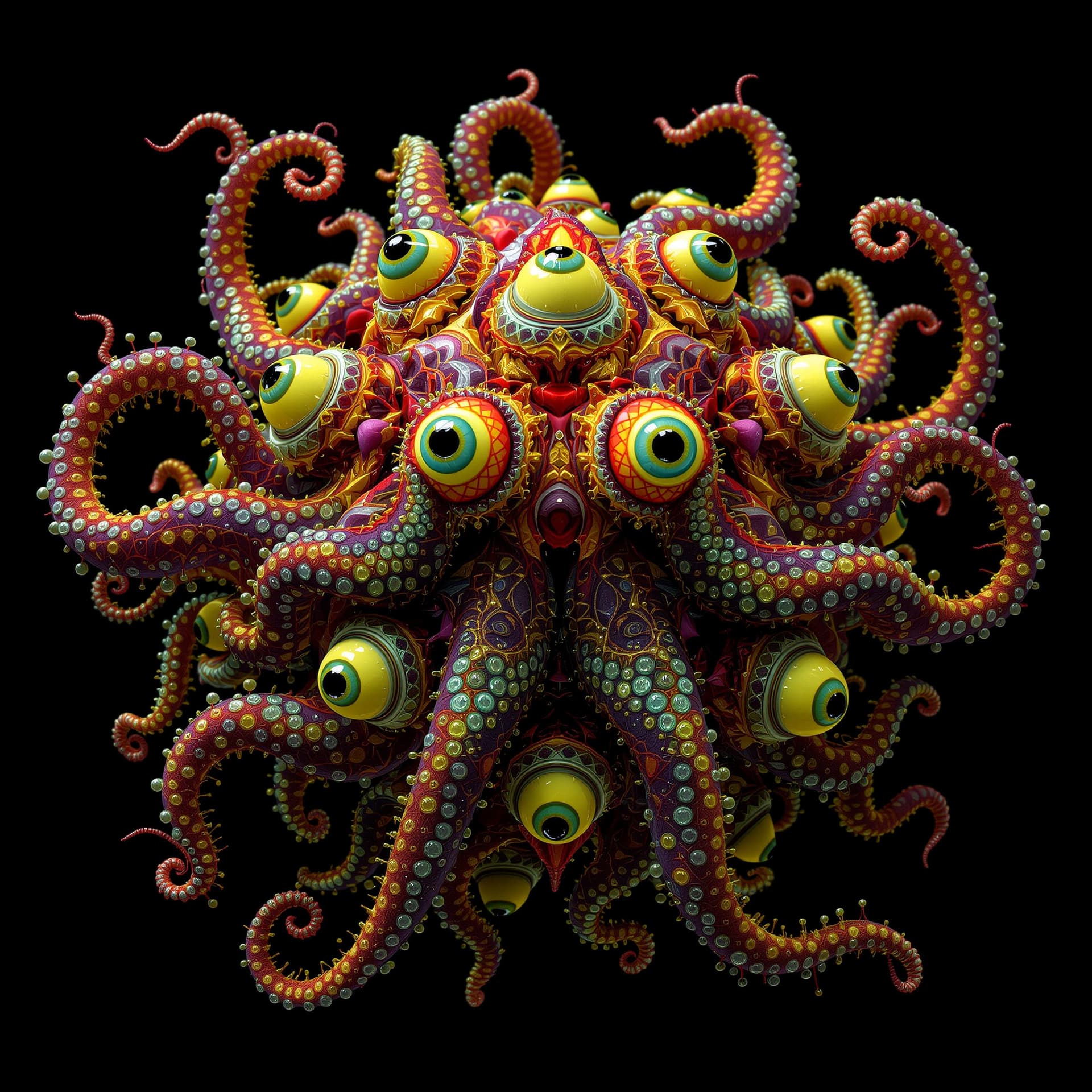 AI generated: 3D render newly discovered lifeform with 10 eyes and octopus tentacles, freeform fractal droplets, f...