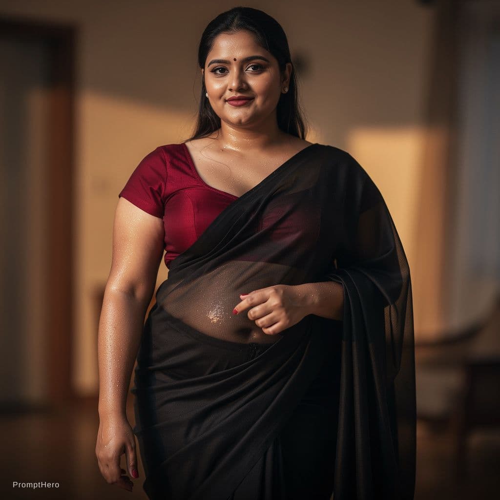 AI generated: A realistic, artistic portrait of a confident woman wearing a black saree paired with a red blouse. ...