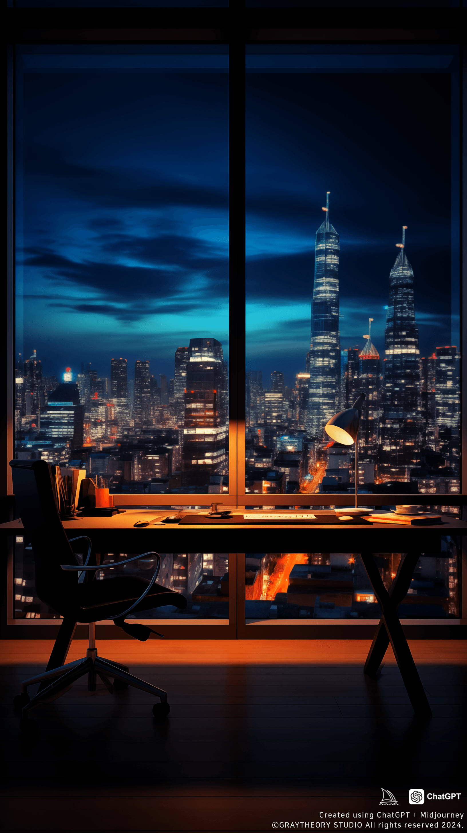 AI generated: Front view, office, minimalist, contemporary style, high gloss, cool-toned lighting, bright afternoo...