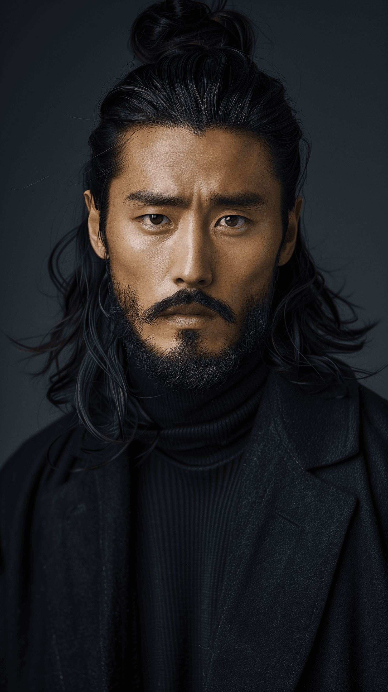 AI generated: photograph, upper-body, korean man model, minimalist fashion style, stylish nessy long hairstyle, be...
