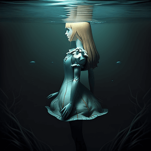 AI generated: alice sinking horizontally under water.
realistic, not creepy
looking towards the top
 arm pointing ...