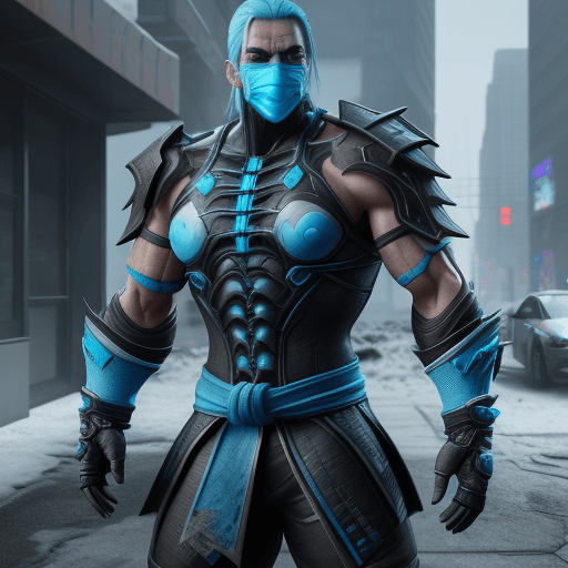 AI generated: Mortal Kombat Frost, cyberpunk, outdoor, street, ice blue, hyperrealism, photorealistic, 8k, unreal ...