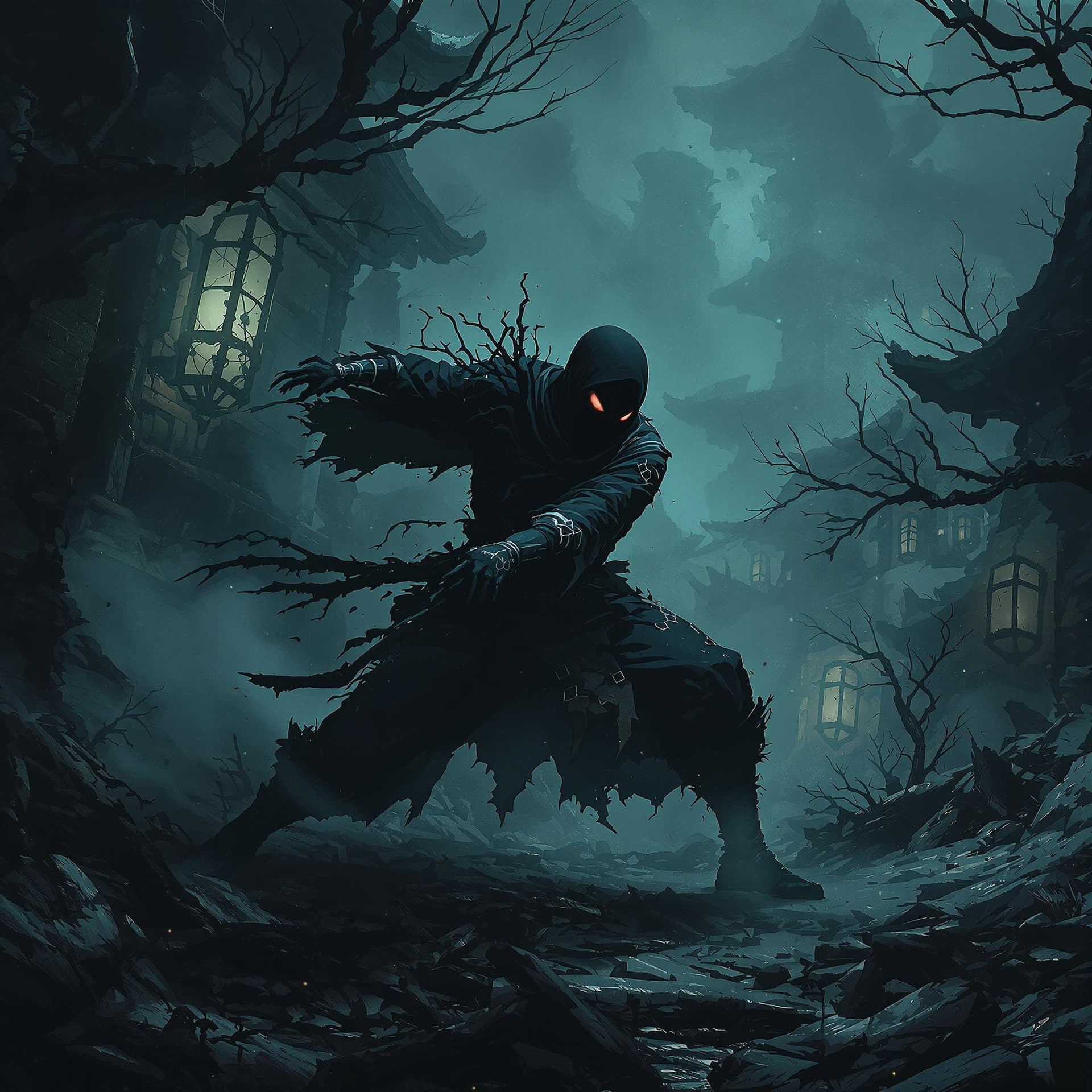 AI generated: the Ninja, Performing some kind of action, horror ,The setting is in the decayed Edo period of Japan...
