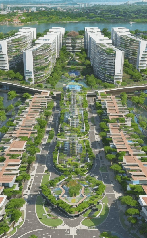 AI generated: a magnificent modern ecotourism village with many different and singular residential buildings desig...
