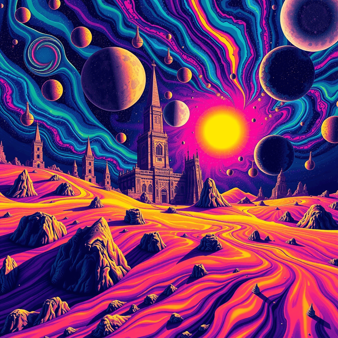 AI generated: LSD hallucination, Fluorescent vortex, fractal landscapes, melting faces, distorted reality, dreamli...