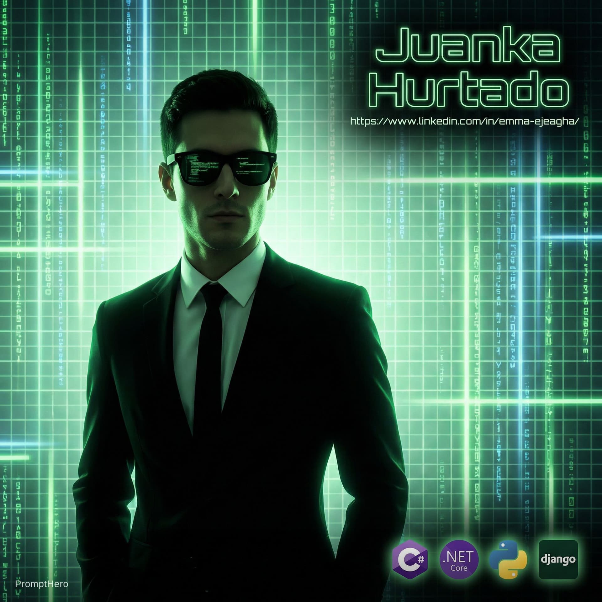 AI generated: The background is a dynamic, glowing matrix grid in a vibrant light green color, with streams of dig...